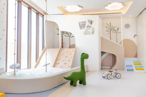 Custom Play house, slide, climbing and ball pit with kids interior decor accessories. Playroom With Ball Pit, Slide Into Ball Pit, Ball Pit Slide, Indoor Slide Playroom, Playroom With Slide, Ball Pit Playroom, Playroom Ball Pit, Playroom Design Indoor Playground, Kids Cafe Interior