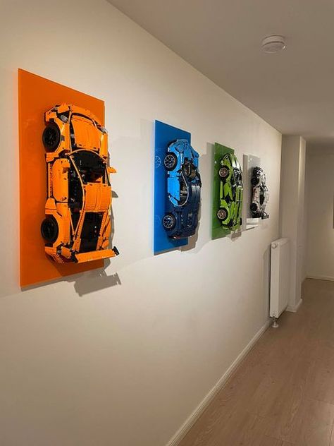 Lego Interior Ideas, Lego Gaming Room, Lego Cars Ideas, Lego Cars On Wall, Lego Set Up, Car Office Ideas, Lego Technic Display, Lego Display Wall, Lego Cars Aesthetic