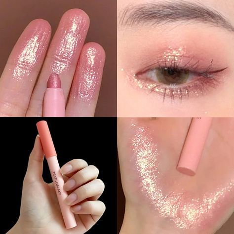 Glitter Face Makeup, Eyeshadow Liner, Gold Eyeliner, Alat Makeup, Makeup Highlighter, Eyeshadow Pencil, Mermaid Glitter, Glitter Face, Pink Highlights