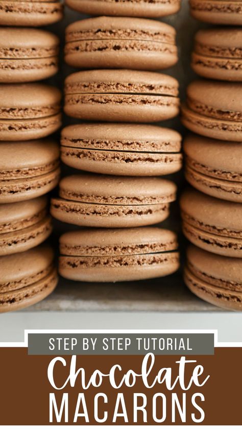 Learn how to make these gorgeous chocolate macarons! My step by step tutorial & detailed recipe will help you master these delicious little cookies. Macaron Recipe Chocolate, Coffee Macarons Recipe, Macaroons Recipe Chocolate, Macaroon Recipe Without Almond Flour, Chocolate Macaroons Recipe, Chocolate Macarons Recipe, Chocolate Macaron Recipe, Friendship Board, Macaron Ideas