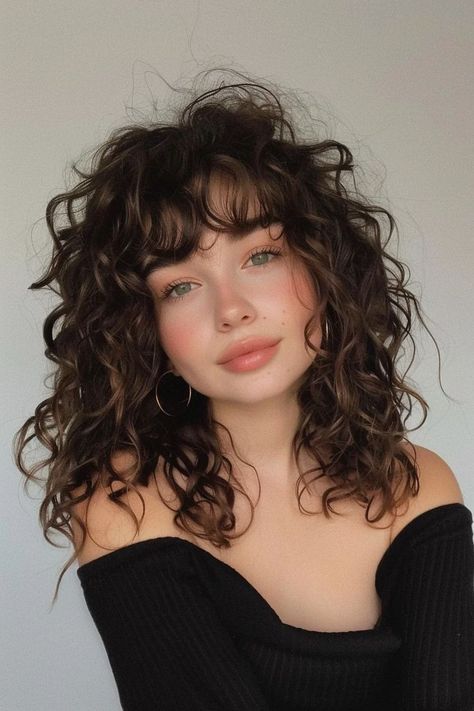 Layered Chunky Curls With Bangs, Curly Hair Makeover, Curly Bangs Round Face, Curly Hair Short Layers, Curly Haircut Bangs, Natural Curly Hair With Bangs, Curly Hair With Bangs And Layers, Cool Curly Haircuts, Shoulder Length Curly Hair With Bangs