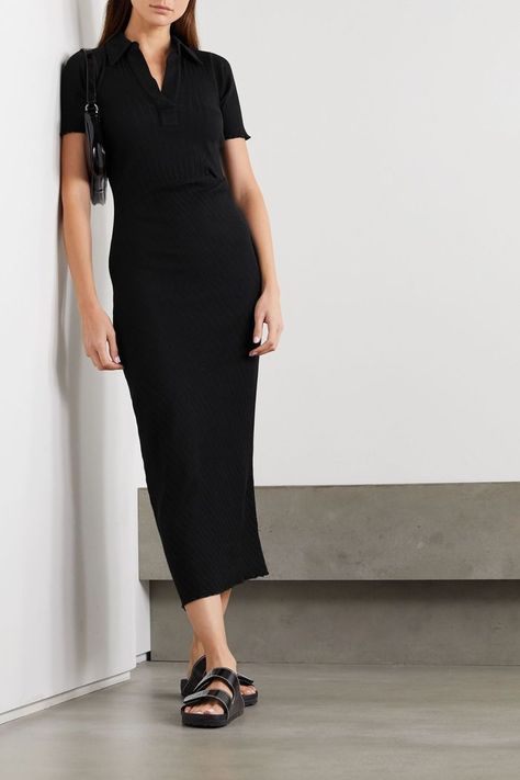 Long Black Dress Casual, Ribbed Dress Outfit, Black Midi Dress Outfit, Helmut Lang Dress, Black Ribbed Dress, Midi Dress Outfit, Long Dress Casual, Midi Dress Casual, Cotton Midi Dress