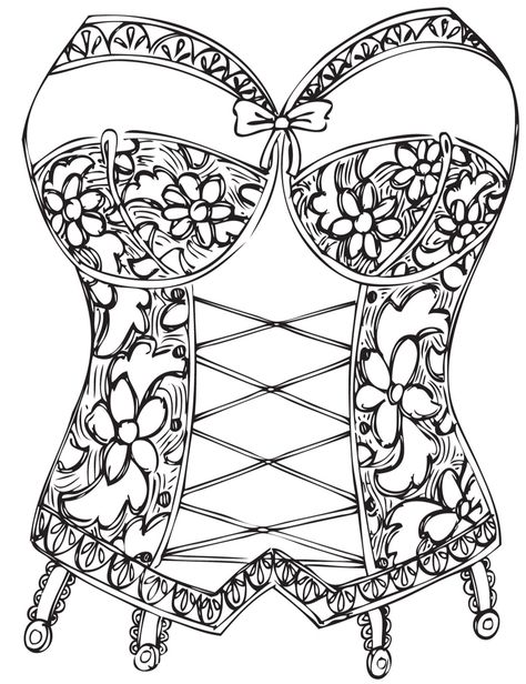 Corset Top Drawing Sketches, Corset Art Drawing, Lace Tattoos, Words Coloring Book, Board Painting, Coloring Art, Adult Coloring Designs, Fashion Book, Colouring Printables