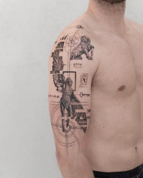 Realism Geometric Tattoo, Greek Patchwork Tattoo Sleeve, Composition Tattoo, Divine Tattoo, Icarus Tattoo, One Word Tattoos, Back Of Arm Tattoo, Torso Tattoos, 4 Tattoo