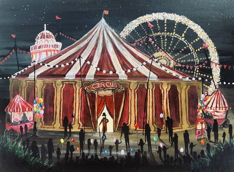 Not my usual kind of painting but it’s for a lovely local art themed competition, it was so much fun to paint and it took me back to visiting the circus as a child! “Roll up Roll up the circus is here!!” Hiding behind the sand dunes there was a Magical Vintage Circus 🎪 #circus #circusart #fairground #fairgroundart #vintageart #vintageartwork #rolluprollup #painting #art #artist #entertainment #artcompetition #loveart #balloons #cottoncandy #popcorn #fairgroundrides #funatthefair #funonthebe... Circus Theme Painting, Circus Tent Painting, Carnival Painting, Circus Painting, Circus Train, Circus Circus, Circus Tent, Circus Art, Acrylic Painting For Beginners