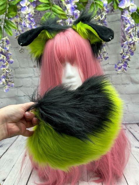 Neon green and black floppy Puppy Ears and tail bendable realistic dog ears headband floppy puppy cosplay ears Tails References, Puppy Ears And Tail, Pup Play, Burning Water, Puppy Ears, Dog Ears Headband, Puppy Boy, Puppy Time, Ears And Tail