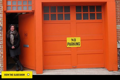 Space of the Week - Elena Colombo's Fort Greene Garage Turned Loft -- New York Magazine Painted Garage Door, Orange Garage, Warehouses Architecture, Garage Door Mural, Loft Exterior, Painted Garage, Colorful Doors, Garage Door Paint, Secret Hideaway