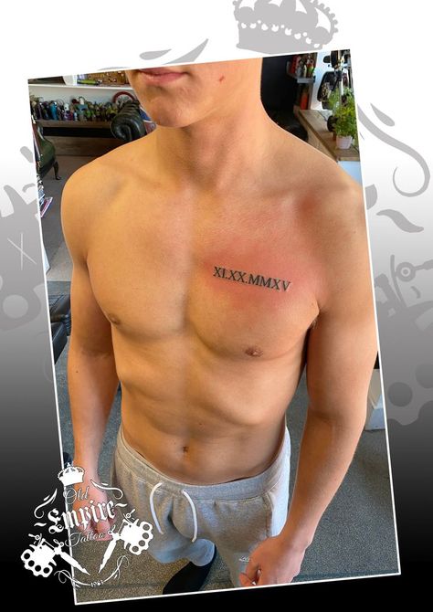 Roman Numerals for this awesome client 🤟😀 #smalltattoo #smalltattoos #oldempiretattoostudio #romannumerals #romannumeraltattoo #romannumeralstattoo #tattoo #tattoos #tattooed #tattooist #tattoolife #tattooing Chest Tattoo Men Ideas Roman Numerals, 2000 In Roman Numerals Tattoo Ideas, Roman Writing Tattoo, Tattoo Of Roman Numerals, Roman Numeral Tattoo Leg Men, Birth Year Tattoo Roman Numerals, Date On Chest Tattoo, Cool Chest Tattoos For Guys Awesome, Men’s Roman Numeral Tattoo