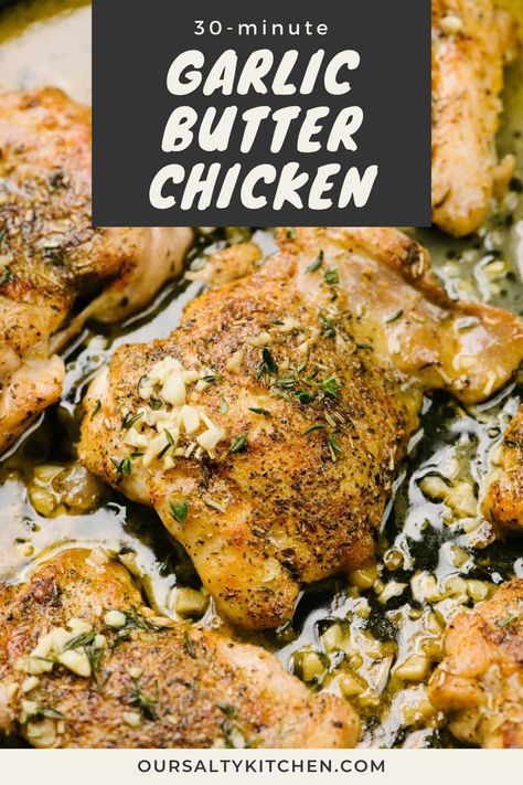 Garlic butter chicken thighs are flavorful and frugal! This is a one skillet chicken recipe, ready in just 30 minutes. Boneless skinless chicken thighs are packed with flavor and so affordable. They're generously seasoned, then pan seared until golden brown. A quick pan sauce with garlic, thyme, white wine, broth and butter is ready in just minutes. This quick chicken dinner is great for weeknights, and pairs with endless side dishes. #chickenthigh #dinner #chickenrecipe Boneless Skinless Chicken Recipes, Garlic Butter Chicken Thighs, One Skillet Chicken, Pan Seared Chicken Thighs, Skillet Chicken Thighs, Garlic Sauce For Chicken, Chicken Thighs Dinner, Quick Chicken Dinner, Chicken Recipes Boneless