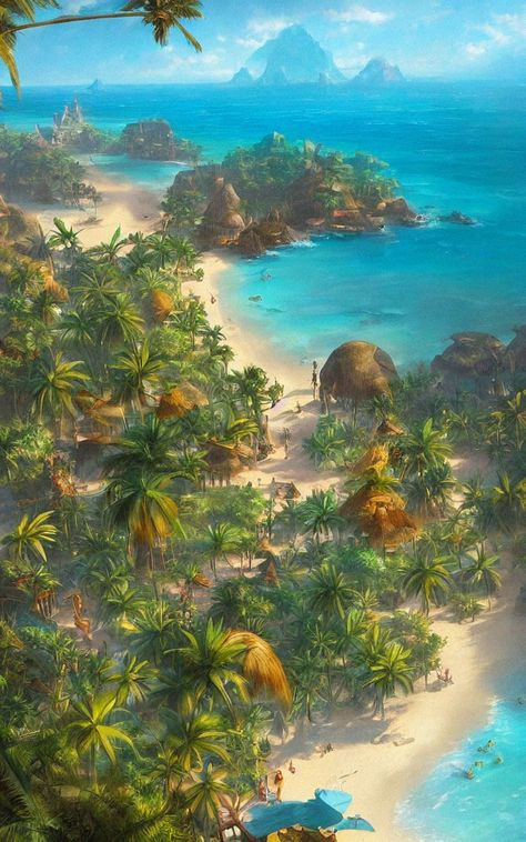 Beach Village Fantasy Art, Fantasy Tropical Village, Fantasy Tropical Forest, Fantasy Ocean Village, Island Kingdom Fantasy Art, Fantasy Island Village, Tropical Forest Concept Art, Fantasy Island Concept Art, Island Village Concept Art