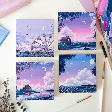 Want to decorate your home with a unique and original piece of art? Here you can shop a wide selection of original paintings which would perfectly fit even in a small space! Each artwork in this shop is entirely hand drawn, which make each painting special and one of a kind! ∎ Size: 10 cm x 10cm ( approximately 3.9” x 3.9”) ∎ Little wooden easel from pictures is shipped with the painting for free! ∎ Created with high quality acrylic paints on a wooden board Unique Mini Canvas Painting, 4 In One Painting, Watercolor Painting On Canvas, Art Inspo Aesthetic Painting, Poster Painting Ideas, Aesthetic Painting On Canvas, Canvas Art Painting Wall Decor, Home Decor Paintings Canvas, Wall Painting Aesthetic