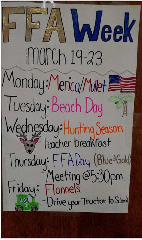 FFA week ideas Ffa Posters Ideas, Ffa Display Ideas, National Ffa Week Dress Up Days, Ffa Valentines, Ffa Games Activities, Ffa Shirts Designs Schools, Ffa Chapter Activities, Ffa Week Ideas Dress Up, Community Service Ideas For Ffa