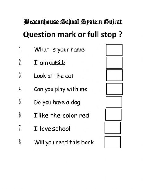 Punctuation online worksheet for Kindergarten. You can do the exercises online or download the worksheet as pdf. Punctuation Worksheets For Kindergarten, Punctuation For Kindergarten, Question Mark And Full Stop Worksheet, Full Stop And Question Mark Worksheet, Punctuation Worksheets For Class 1, Question Mark Worksheet, Punctuation Worksheets 2nd Grade, Revision English, Capitalization Worksheets