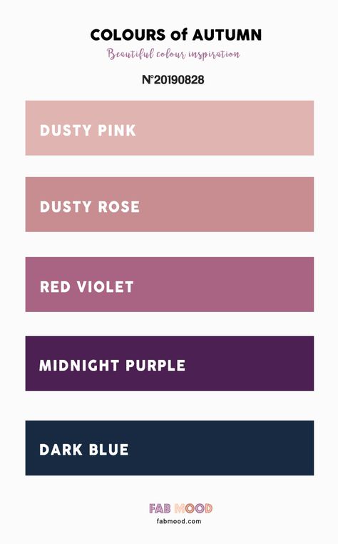 Autumn Color 2019 { Dusty Pink Dusty Rose Red Violet Dark Blue Midnight Purple } #color #colorinspiration #purple Colours That Go With Dusty Pink, Dusty Pink And Mustard Bedroom, Dusty Plum Color Palette, Dark Autumn Pink Palette, Violet Palette Colour Schemes, Dark Dusty Pink Bedroom, Dusty Pink Color Scheme, Dusty Pink And Purple Wedding, Dark Pink Colour Palette