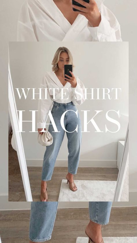 OLIVIA ROSE on Instagram: “White shirt hacks: including how to tuck without bunching ✔️” How To Tuck In White Button Down, Tucking In A White Button Down, Tuck In Oversized Button Down, How To Tuck White Button Down Shirt, How To Tie A White Button Up, Tucking In Oversized Shirt, How To Style White Blouse, White Shirt Hacks, Oversized White Button Up Shirt Outfit