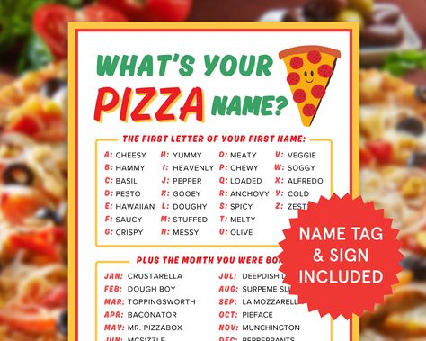 INSTANT DIGITAL DOWNLOAD - NO PHYSICAL PRODUCT WILL BE SHIPPED! Simply download and print! Get ready for a slice of fun with our "What's Your Pizza Name" activity! Perfect for pizza lovers of all ages, this interactive and lighthearted game will have you and your friends discovering your deliciously unique pizza names. With easy-to-use printables, you'll have everything you need to host a pizza-themed party or add a dash of fun to your next gathering. Whether you're hosting a pizza party, celebrating a birthday, or simply looking for a fun activity to enjoy with friends, our "What's Your Pizza Name" game is the perfect addition to your festivities. Spark laughter and creativity as you uncover your deliciously unique pizza identities together! This digital download ensures instant access to Pizza Campaign Ideas, Football Menu Ideas, Birthday Pizza Party, Pizza Party Games, Pizza Party Decorations, Pizza Names, Birthday Pizza, Party Games Printable, Auntie Quotes