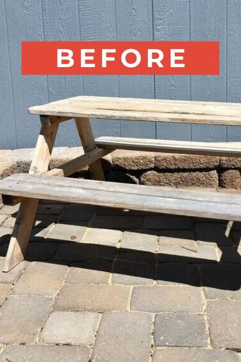 Do you and your kids love outdoor living? check out this upcycled old wooden picnic table for kids. All you need is some paint and fabric from your hobby store for this quick outdoor table update. #diy #picnictable #makeover Picnic Table Makeover, Restoration Hardware Outdoor, Recycled Planters, Recycled Garden Decor, Table For Kids, Cute Picnic, Kids Picnic Table, Wooden Picnic Tables, Kids Picnic