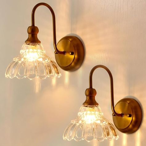 lobolighting Vintage Wall Sconce Set of 2 with Glass Shade Brass Sconces Gold Bathroom Vanity Light Fixtures Modern Wall Lighting Fixture for Bedroom Bedside Door Header - Amazon.com Gold Wall Sconces Bathroom, Vintage Sconces Bedroom, Vintage Wall Sconces Bedroom, Above Bed Lighting, Battery Sconces, Bedroom Sconces Bedside, Cottage Light Fixtures, Vintage Bathroom Light Fixtures, Bedroom Wall Sconces