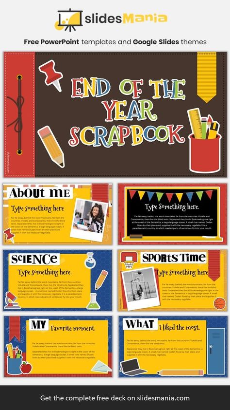 This scrapbook template is perfect for an end of the year activity. Ask your students to reflect on their learning journey. You can ask them what they liked, what was hard, or they can add pictures and videos of the best moments of the year. A beautiful memory book to save for the future. I’ve included many stickers for different topics (like sports and science), also lockers, pencils, computers and little pieces of paper. Cute Powerpoint Templates, Presentation Slides Design, Scrapbook Template, Powerpoint Slide Designs, Presentation Design Layout, Add Pictures, Desain Buklet, Slides Design, Canvas Learning