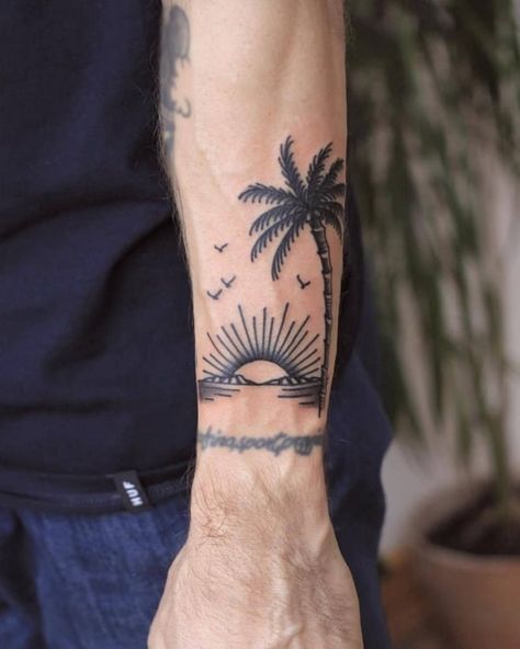 Underarm Tattoo, Sunset Tattoo, Surf Tattoo, Sunset Tattoos, Forearm Band Tattoos, Small Forearm Tattoos, Palm Tattoos, Tree Tattoo Designs, Palm Tree Tattoo