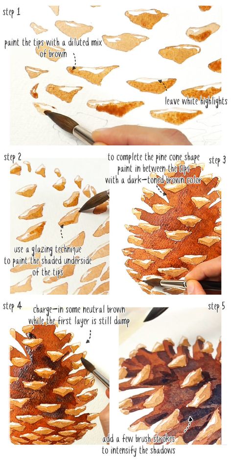 How To Paint Watercolor Pinecones, How To Draw Pine Cones Easy, Watercolor Pine One, Pine Cones Painting, Pine Cone Painting On Canvas, Watercolor Art Pine Trees, Pinecone Watercolor Paintings, Pine Tree Watercolor Tutorial, Pine Cone Drawing Step By Step