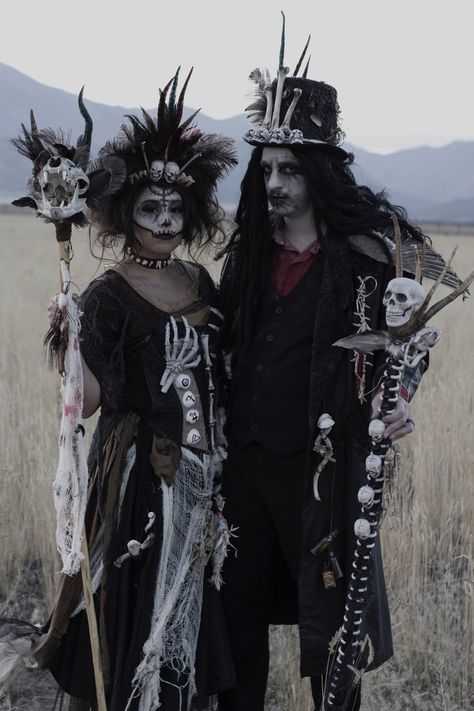 Voodoo Family Costume, Voodoo King And Queen Costume, Voodoo Couples Halloween Costumes, New Orleans Voodoo Costume, Witchy Couple Costumes, Voodoo Witch Costume Diy, Voodoo Couple Costume, Voodoo Costume Female Diy, Couples Witch Costume