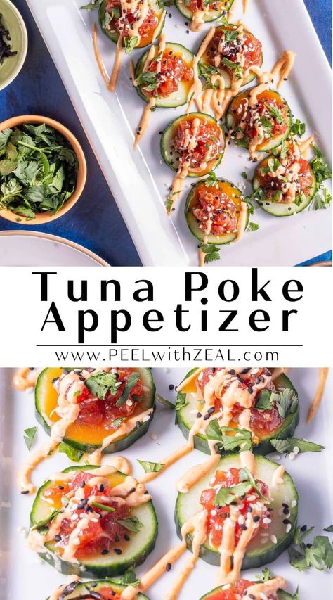 Tuna Poke Stack, Raw Tuna Appetizer, Tuna Steak Appetizer Recipes, Sesame Crusted Ahi Tuna, Tuna Poke Appetizer, Ahi Tuna Stack, Ahi Tuna Tower, Fresh Tuna Appetizer Recipes, Seared Ahi Tuna Appetizer