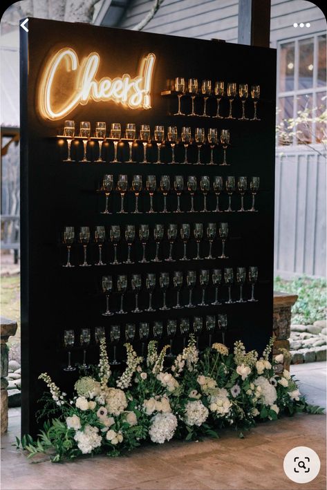 Decor For Party Events, Champagne Wall Ideas Diy, Wedding Ideas Ceremony Outdoor, Champagne Station Party Ideas, Wedding Drink Wall Ideas, 40th Birthday Venue Ideas, Wedding Cocktail Wall, Elegant Cocktail Party Decor, Trendy Event Decor