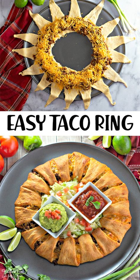 Super easy three ingredient Taco Ring with a handful of toppings to customize your own. Taco Ring With Crescent Rolls, Crescent Roll Taco Bake, Crescent Roll Recipes Dinner, Taco Ring, Mexican Night, Crescent Recipes, Beef Taco, Crescent Ring, Pampered Chef Recipes