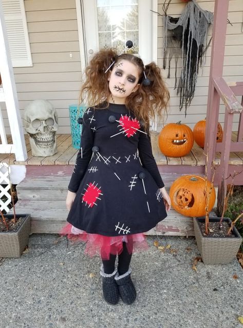 Scary Dolls Costume, Voodoo Dolls Costume, Diy Creepy Doll Costume, Scary Doll Costume For Kids, Creepy Doll Costume For Kids, Voodoo Doll Costume Diy, Vodoo Doll Costume, Voodoo Doll Makeup Halloween, Haunted Doll Costume