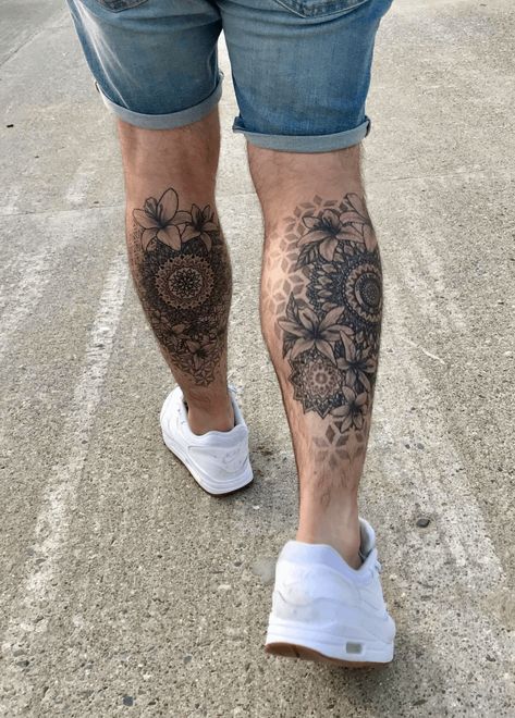 Mandela Tattoo Calf, Calf Tattoo Geometric, Back Of Calves Tattoo, Calf Tattoo Men Calves, Mandala Tattoo Men Leg, Men Mandala Tattoo, Back Leg Tattoo Men, Calf Mandala Tattoo, Tattoo Ideas For Men Leg Calves