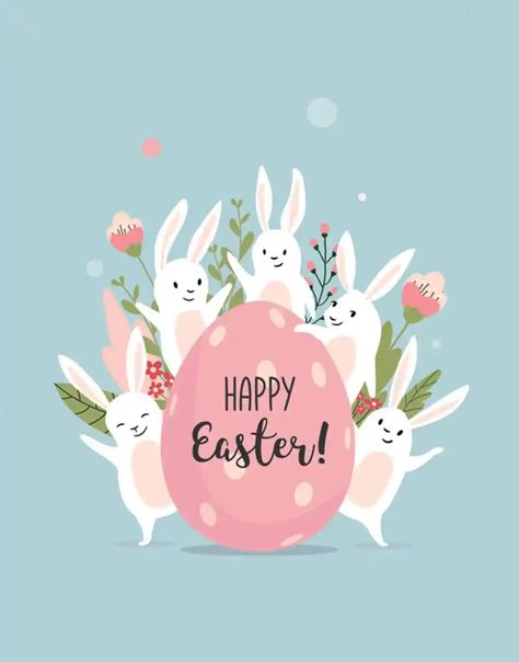 blue happy Easter card with bunnies and pink egg Easter Cards Drawing, Cards Drawing Ideas, Funny Easter Wishes, Easter Wishes Messages, Easter Verses, Easter Cards Religious, Cards Drawing, Happy Easter Greetings, Easter Messages