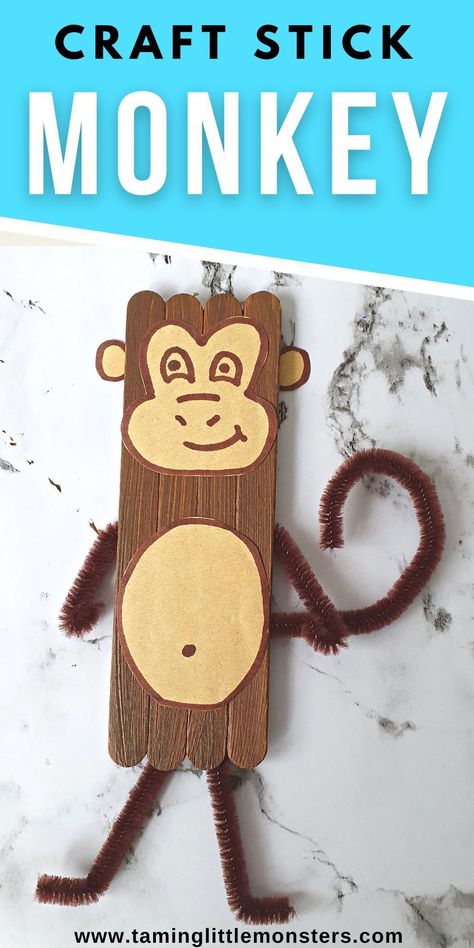 Easy Craft Stick Monkey for Kids. learn how to make a monkey out of popsicle sticks. this is a fun zoo themed arts and crafts activity for preschool and kindergarten students. #zoo #artsandcrafts #preschoolers #kindergarteners Mammal Activities For Preschool, Gorilla Crafts For Kids, Monkey Activities For Toddlers, Zoo Arts And Crafts, Monkey Crafts For Toddlers, Monkey Activities For Preschool, Monkey Craft Preschool, Monkey Crafts For Kids, 2s Activities