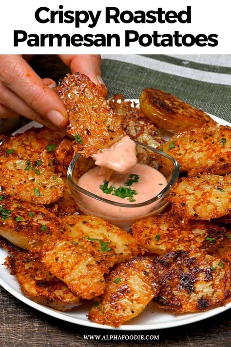 Coated in golden crispy parmesan, these parmesan crusted potatoes are the ultimate upgrade to a classic side dish and so easy to put together. Sweet Potato With Parmesan Cheese, Crispy Cheese Potatoes, Parmesan Crusted Sweet Potatoes, Tasty Vegetarian Recipes Simple, Crispy Fingerling Potatoes, Potato Appetizer Recipes, Potato Appetizers Easy, Roasted Parmesan Potatoes, Crusted Potatoes