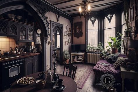 Living Room Witchy, Apothecary Bedroom, Bedroom Witchy, Goth Interior Design, Goth Interior, Alt Decor, Goth Apartment, Cottage Goth, Dark Inspiration