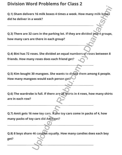 Division Word Problems Worksheets for Class 2 Division Grade 2 Worksheet, Division Sums For Grade 3, Division Word Problems Grade 2, Division Worksheets Grade 2, Grade 2 Division, Division Worksheets For Grade 2, Class 2 Maths Worksheets, Class 2 Maths, 3rd Grade Division