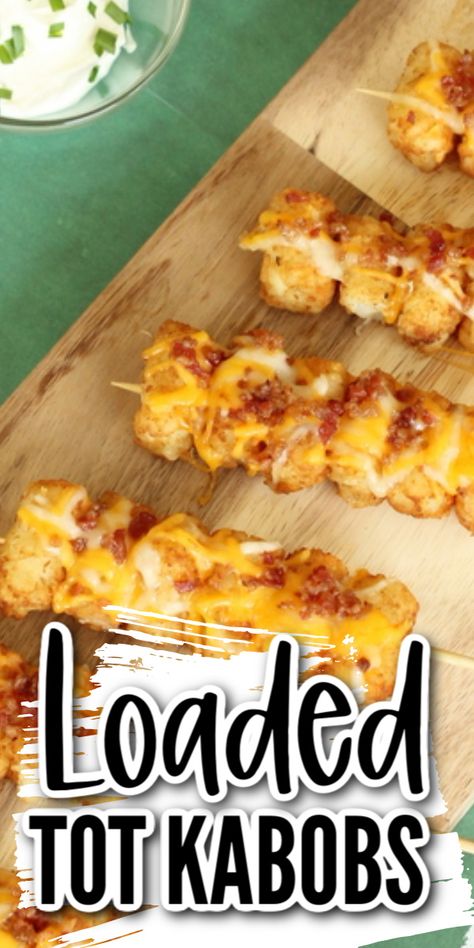 Add cheese and bacon to tater tot skewers then dip them in the toppings of your choice. You will love this simple appetizer and how great it tastes! #appetizer #recipe #party #yum Tater Tot Screwers, Hockey Appetizers, Best Camping Appetizers, Simple Horderves Appetizers, Tater Tot Skewers Appetizers, Camping Appetizers Easy, Potatoe Appetizer, Potato Appetizer Recipes, Appetizer For Kids