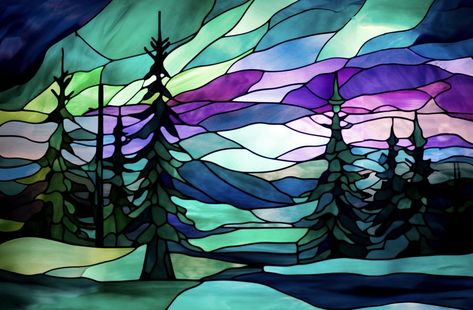 Northern Lights Stained Glass, Stained Glass Winter Scenes, Northern Lights Stained Glass Pattern, Stained Glass Mountains, Stained Glass Landscape, Family Art Projects, Stained Glass Mosaic Art, Starry Night Art, Abstract Tree Painting