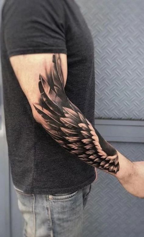 Forearm Wing Tattoo, Forearm Cover Up Tattoos, Cover Up Tattoos For Men, Alas Tattoo, Wing Tattoo Men, Forearm Band Tattoos, Band Tattoo Designs, Tato Lengan, Wing Tattoo Designs