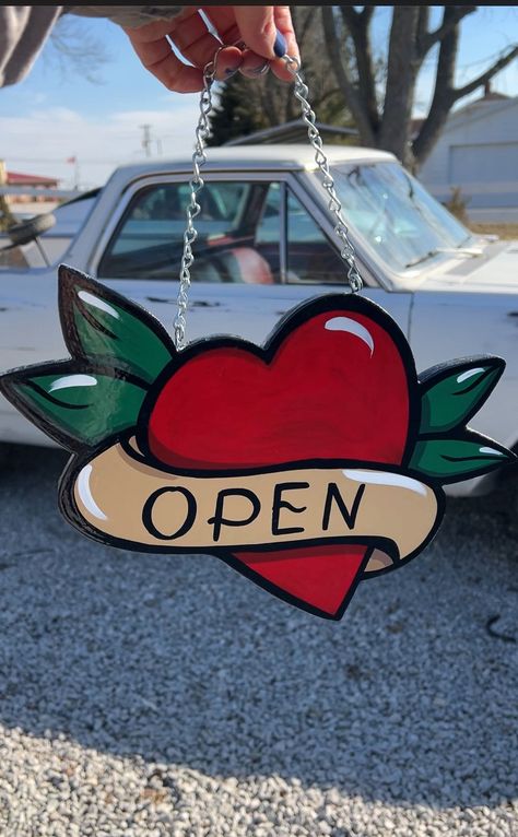 Tattoo Heart Open sign is perfect for your shop or small business! 
Let customers know when you're open, and when you're not! 

Hand painted with high quality enamel paint.
Approx size 10in diameter Tattoo Shop Signs, Tattoo Studio Decoration Ideas, Small Business Art, Open & Closed Signs, Signage Ideas, Closed Sign, Small Business Signs, Open Sign, Business Art