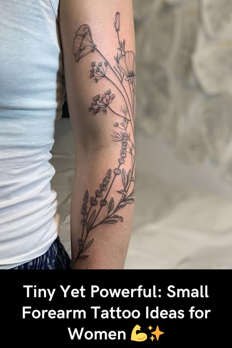 Looking for a subtle yet impactful tattoo? Explore these small forearm tattoo ideas that pack a punch in style and meaning. Perfect for women who want to express themselves with elegant and minimalist ink. Click to find your next powerful piece! #SmallTattoos #ForearmInk #TattooInspo Herb Tattoo, Arm Wrap Tattoo, Lower Arm Tattoos, Around Arm Tattoo, Wrap Around Tattoo, Wrap Tattoo, Lavender Tattoo, Small Forearm Tattoos, Wildflower Tattoo