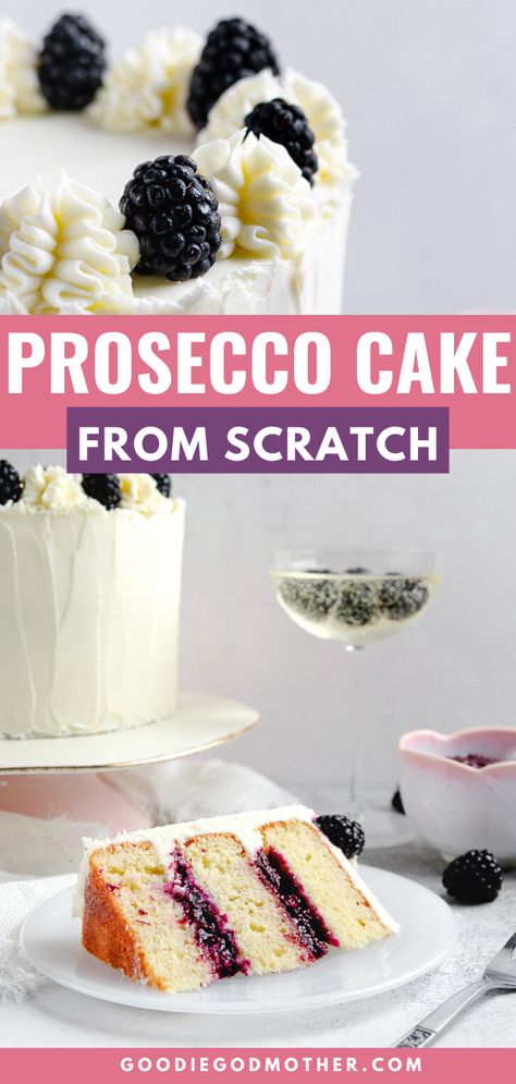 Prosecco cake, aka champagne cake, is a great way to celebrate! This tender layer cake recipe is easy to make, and delicious!     #champagnecake #proseccocake #layercake #dessertideas #dessertrecipe #fromscratch Berry Champagne Cake, Champagne Cakes, Strawberry Champagne Cake, Wine Cake Recipe, Champagne Cake Design Birthday, Nye Cake, Champagne Birthday Cake, Fancy Cake Recipes, Champagne Cupcake Recipes