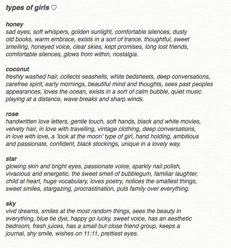 tag yourself ♡ types of girls x Types Of Female Characters, Types Of Vibes List, Every Type Of Aesthetic List, Types Of Aethstetic List, Types Of Astetic, Types Of People As Aesthetics, Types Of Girls Personality, Tag Yourself Aesthetic, Types Of Girls Aesthetic