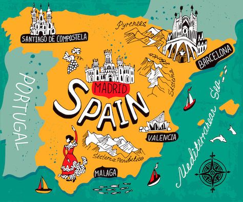 Spain Map by Daria I./Shutterstock.com Fun Facts About Spain, Facts About Spain, Cadaques Spain, All About Spain, Map Of Spain, Spain Flag, Spain Culture, Scrapbook Printable, Toledo Spain