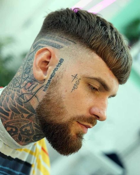 French Crop Haircut, Mens Face Tattoos, Small Face Tattoos, French Crop, Face Tats, Simple Tattoos For Guys, Crop Haircut, Tapered Hair, Beard Fade