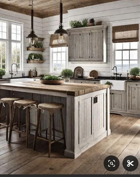 Farmhouse Kitchen With Shiplap Walls, Urban Rustic Kitchen, Country Cabinets Farmhouse Style, Shiplap In The Kitchen, Shiplap Cabin Walls, Lake Cabin Kitchen Ideas, Kitchen With Shiplap Ceiling, Barndo Kitchen Cabinets, Cozy Lake House Kitchen