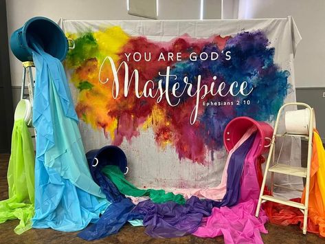 Art Show Photo Op, God's Masterpiece Decorations, Art Show Entrance Ideas, Art Theme Decoration Ideas, Art Camp Decorations, Art Backdrop Ideas, Art Show Banner Ideas, Art Show Photo Backdrop, Art Themed Gala