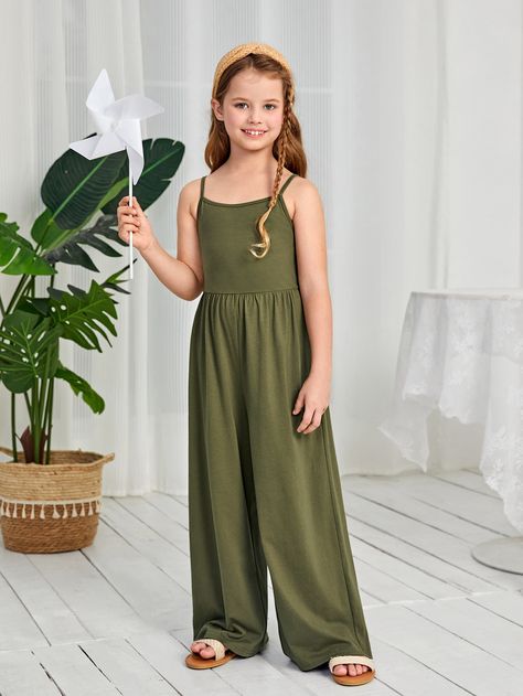 SHEIN Tween Girl Knit Solid Color Jumpsuit With Spaghetti Straps And Casual Fit PantsI discovered amazing products on SHEIN.com, come check them out! Shein Kids, Ruffle Trim Top, Cami Jumpsuit, Solid Color Jumpsuits, Jumpsuit For Kids, Knitting Girls, Fit Pants, Casual Fit, Casual Fits