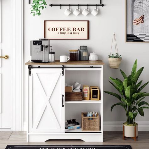 Rosalind Wheeler Koga 31.5'' Bar Cabinet & Reviews | Wayfair Coffee Bar Storage Cabinets, Accent Cabinet In Kitchen, Coastal Coffee Bar, Coffee Bar Station Small Spaces, Diy Coffee Bar Station, Mini Coffee Bar Small Spaces, White Coffee Bar, Coffee Station Decor, Coffee Bar Cabinet