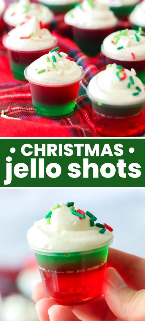 Red And Green Food Ideas, Jello Shots Malibu, Christmas Jello Shots Recipes, Kid Friendly Jello Shots, Layered Jello Shots, Non Alcoholic Jello Shots, Christmas Jell-o Shots, Desserts With Alcohol, Jello Shots Christmas